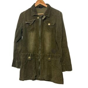 AZIZ Women Olive Green Corduroy Zip Front Jacket Size Medium‎ Embroidered Detail